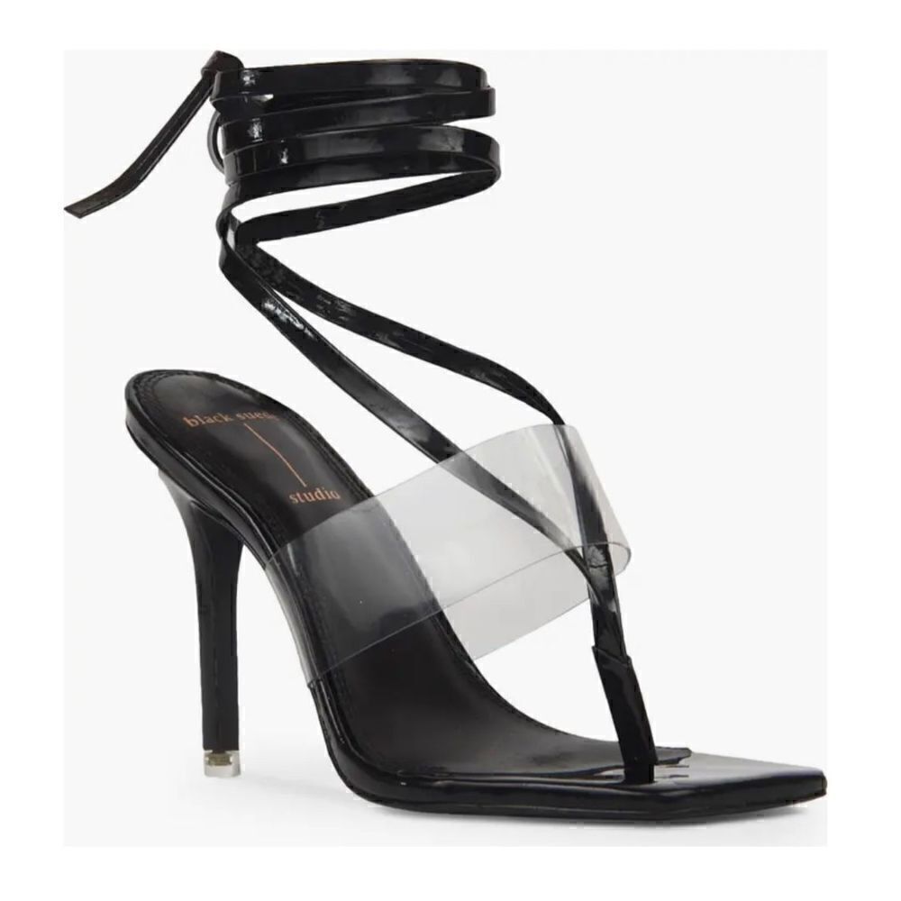 Black Suede Studio Melanie Ankle Strap Clear & Black Heel NWOB Size 38.5/8 1/2